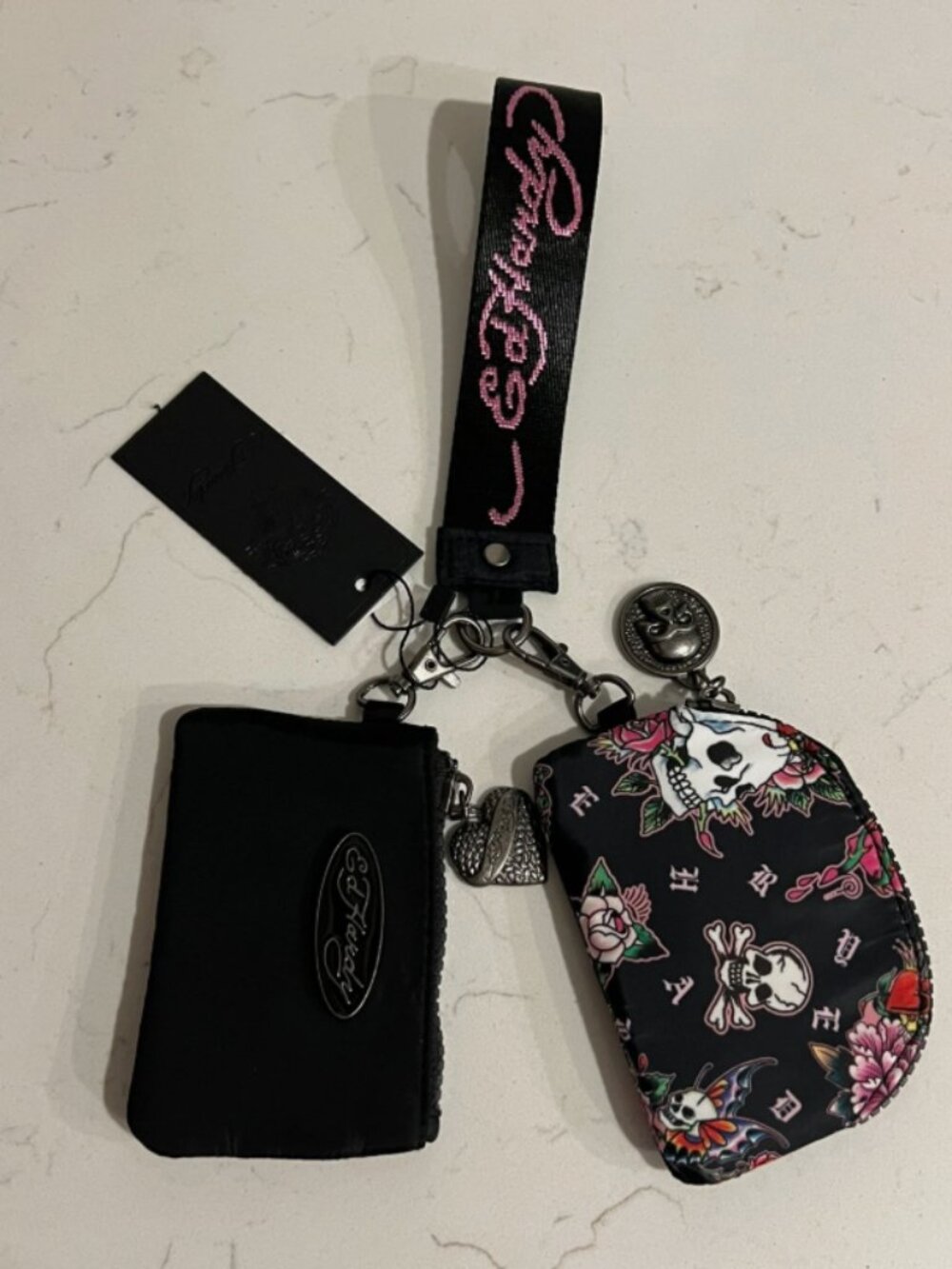 ED HARDY Black Lanyard Wristlet Coin Purse Wallet Set 3Pc Lot Skull Roses Y2K